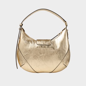 Jimmy Choo gold metallic crinkled leather hobo bag with short top handle, gold-tone hardware and zip closure