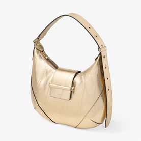 Jimmy Choo gold metallic crescent hobo bag with gold-tone hardware, structured flap front, and adjustable shoulder strap