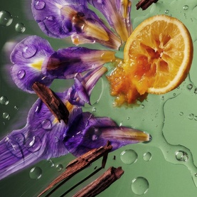 Byredo Body Mist fragrance notes including purple iris flowers, sliced orange citrus, and cinnamon sticks on a dewy green surface