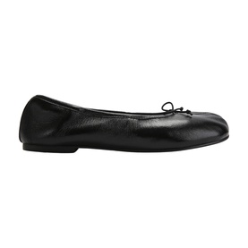 Steve Madden black leather ballet flat with small bow detail and thin sole, side profile view