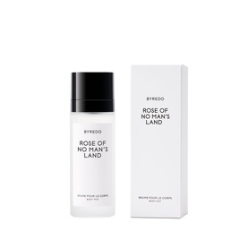 Byredo Rose of No Man's Land Body Mist in clear bottle with black cap, shown alongside white branded box packaging.