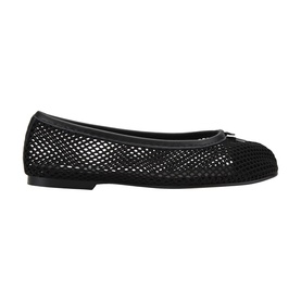 Steve Madden black mesh ballet flat with bow detail, thin leather trim, and flat rubber sole, side profile view.