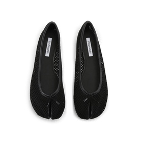 Steve Madden black mesh split-toe ballet flats with perforated upper, overhead flat lay view showing pair side by side