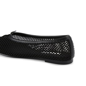 Steve Madden black mesh open-weave ballet flat with smooth leather trim and thin sole, side profile view.