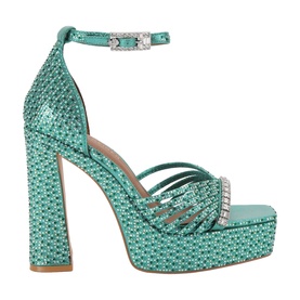 Kurt Geiger London green crystal-embellished platform sandals with ankle strap, block heel, and silver buckle detail