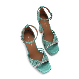 Kurt Geiger London green woven heeled sandals with crystal-embellished straps, ankle buckle fastening, and block heel, overhead view