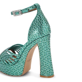 Kurt Geiger London green embellished platform heeled sandal with crystal ankle strap buckle and block heel, rear view