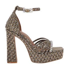 Gold crystal-embellished platform sandals with ankle strap, jewel buckle detail, block heel, and open toe on white background.