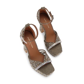 Crystal-embellished strappy block heel sandals in champagne-gold tone with rhinestone mesh detailing and ankle buckle strap
