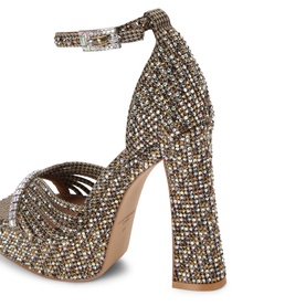 Gold crystal-embellished platform heeled sandal with ankle strap, square block heel, and allover rhinestone detailing