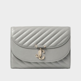 Jimmy Choo quilted dove grey leather clutch wallet with diagonal stitching and gold JC logo clasp closure