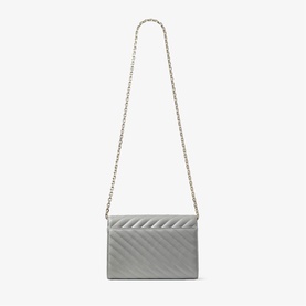 Jimmy Choo dove grey quilted chevron chain shoulder bag with shiny gold hardware and long chain strap