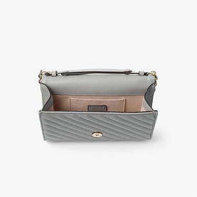 Jimmy Choo quilted shoulder bag in dove grey with shiny gold hardware, open top view showing structured interior with card slots and chain strap