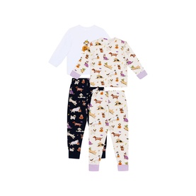 Chelsea Peers Kids Halloween Dogs Multi pyjama set, two tops and two bottoms in cream and navy with dog print and lilac trim