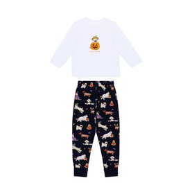 Chelsea Peers Halloween Dogs Multi children's pyjama set, white long-sleeve top with pumpkin motif and navy dog-print trousers