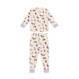 Chelsea Peers children's Halloween Dogs Multi pyjama set, white with dachshund print and lilac cuffs, long sleeve top and jogger bottoms