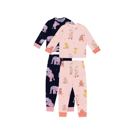 Two-piece children's pyjama set in navy and pink, featuring animal print patterns with contrast cuffs, shown as a twin pack