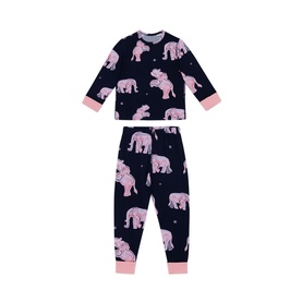 Navy blue children's pyjama set with pink elephant print, long-sleeve top and jogger bottoms with pink ribbed cuffs