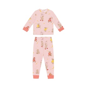 Pink long-sleeve pyjama set with all-over animal print and coral cuffs, laid flat showing top and bottoms