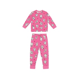 Chelsea Peers children's bright pink ghost print pyjama set, long sleeve top and jogger bottoms with all-over ghost and heart pattern