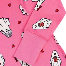 Chelsea Peers children's nightwear in bright pink with ghost and heart print, showing ribbed cuff detail on sleeve
