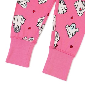 Chelsea Peers children's bright pink ghost print pyjama bottoms with red hearts, ribbed cuffs, close-up detail shot