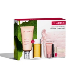 Clarins Maternity Essentials gift set box with body lotion, facial oil, lip gloss, and moisturiser included
