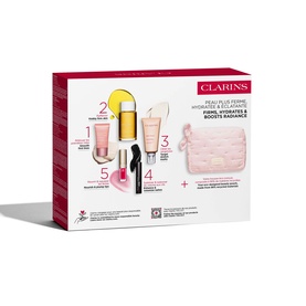 Clarins Firm, Hydrates & Boosts Radiance gift set with skincare, makeup products and pink cosmetics pouch