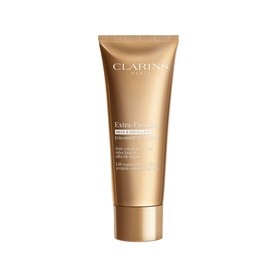 Clarins Extra-Firming Neck & D&eacute;collet&eacute; Care tube in gold packaging with embossed branding and gold cap.
