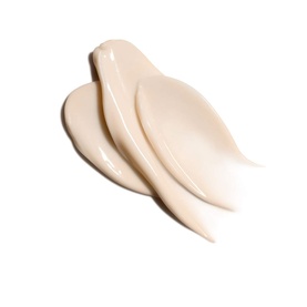 Three layered cream texture swatches in a pale ivory tone, showing smooth, rich consistency