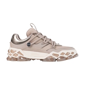 Jimmy Choo taupe chunky trainers with metallic silver panel, lace-up fastening, branded badge, and sculpted translucent sole