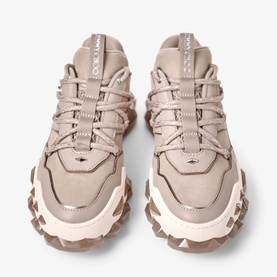 Jimmy Choo Diamond Trail trainers in taupe, mixed material upper with lace-up front, chunky ridged sole, top-down view