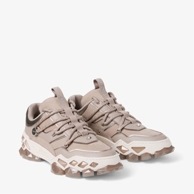 Jimmy Choo taupe chunky lace-up trainers with textured rubber ridged sole and tonal suede and mesh upper
