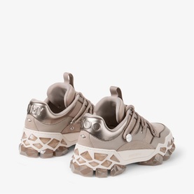 Jimmy Choo taupe chunky trainers, metallic satin panels, silver stud detail, translucent ridged platform sole, rear view