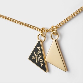 Prada Accessories gold-tone chain necklace with dual triangular pendants, one black enamel with logo, one plain gold-tone.