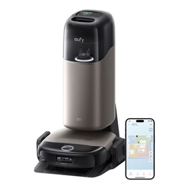 Eufy Omni S2 12-in-1 Robot Vacuum in Black with auto-empty station, shown with smartphone app display alongside