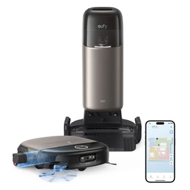 Eufy Omni S2 12-in-1 Robot Vacuum in black, shown docked in charging station with app interface displayed on smartphone alongside