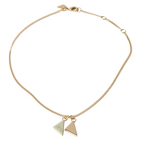 Gold-tone chain necklace with two triangle pendants, one marble-effect pale green and one plain gold-tone, with lobster clasp fastening.
