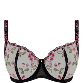 Fantasie Eliyse Underwired Balconette Bra in black with floral embroidery, pink and green detailing, lace trim, and subtle metallic accents