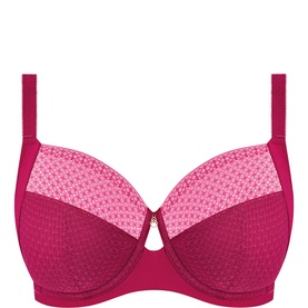 Fantasie Underwired Bra in Ruby, featuring pink geometric lace cups with deep pink underwired band and adjustable straps