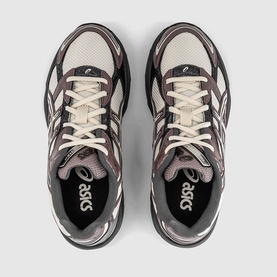 Asics trainers in oatmeal and obsidian grey, overhead view showing mesh upper, silver logo, and dark rubber sole