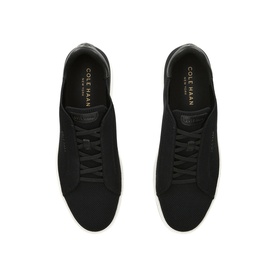 Cole Haan black lace-up trainers, overhead view showing knit upper and white rubber sole