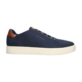 Cole Haan men's blue knit low-top trainer with tan leather heel tab and lace-up fastening on a white sole.