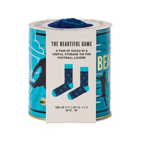 Gentlemen's Hardware Football Socks Tin with blue football-themed socks in a decorative cylindrical storage tin