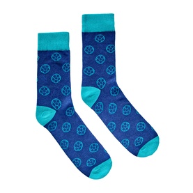 Gentlemen's Hardware Football Socks Tin, navy blue socks with teal cuff, heel and toe, featuring all-over blue football print.