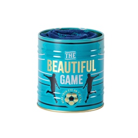 Gentlemen's Hardware Football Socks Tin, teal cylindrical gift tin with gold text and football player silhouettes