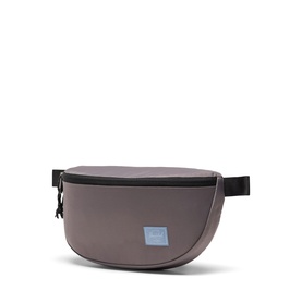 Herschel Dark Gull Gray hip pack with black zip, black adjustable strap, and small blue logo patch.