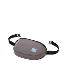 Herschel Dark Gull Gray oval crossbody/belt bag with black adjustable strap and pale blue logo patch.