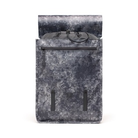 Herschel backpack in Cloud Grid camouflage print, roll-top closure, front zip pocket, and two base grab handles.