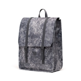 Herschel Cloud Grid backpack in grey digital camo print with dark grey webbing straps, loop carry handle, and flap-over front closure.